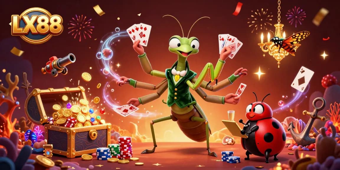 Join the fun at LX88, where a giant praying mantis card sharp hosts an unforgettable casino night!