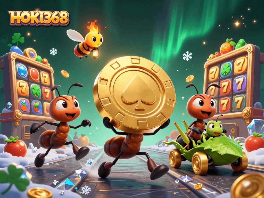 Engage in thrilling gameplay at HOKI368 featuring a heist scene with ants and casino elements.