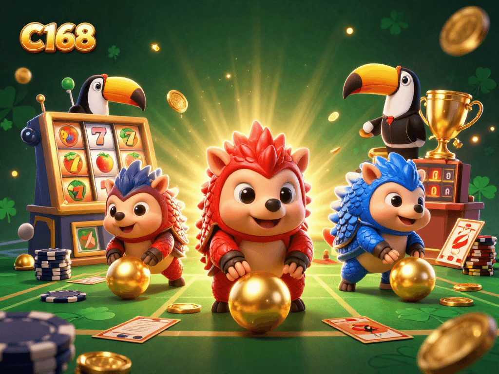 C168 introduces thrilling slot gaming action with dynamic pangolin characters and sparkling effects.