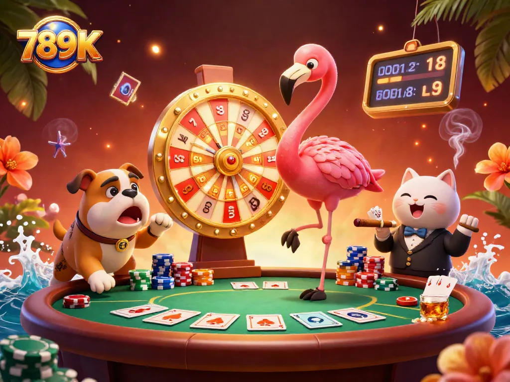 Spin the golden prize wheel with 789 K while the bulldog contestant celebrates amidst a vibrant casino scene.