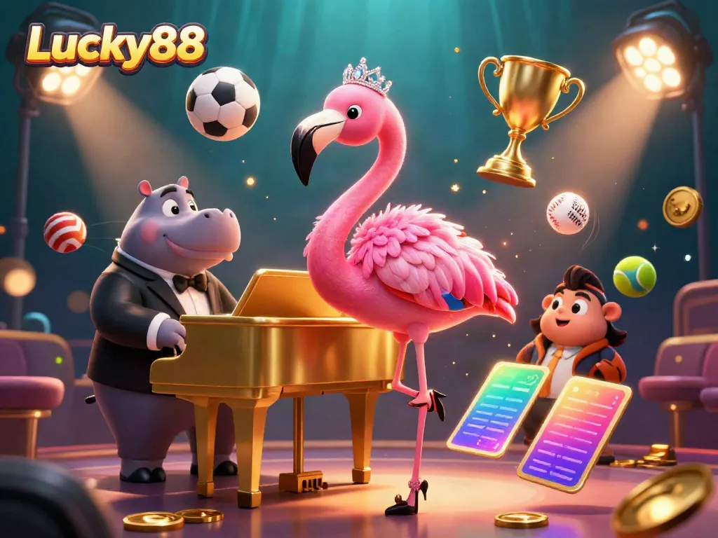 Experience the vibrant energy of Lucky88 through this dynamic 3D casino scene featuring entertaining characters and rich visuals.