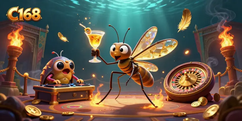 Experience the excitement of C168 with a vibrant 3D casino scene featuring unique characters and gaming elements.