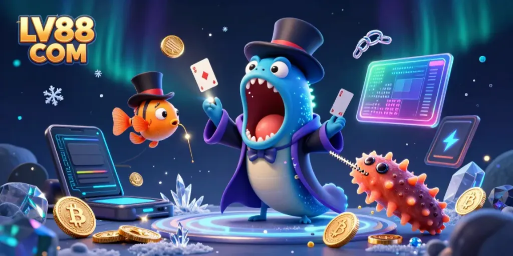 Experience the magical world of LV88 COM with a bioluminescent eel magician and anglerfish spotlighting an enchanting casino scene.