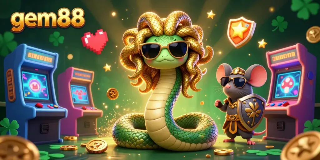 Join gem88 for a vibrant gaming experience with Medusa and a warrior mouse amidst dynamic arcade elements.