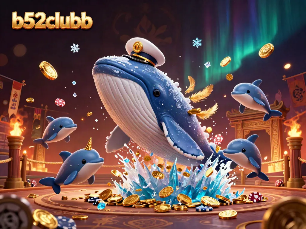 Engage with b52clubb's vibrant 3D casino adventure featuring a whale and friends amidst coins and gaming elements.