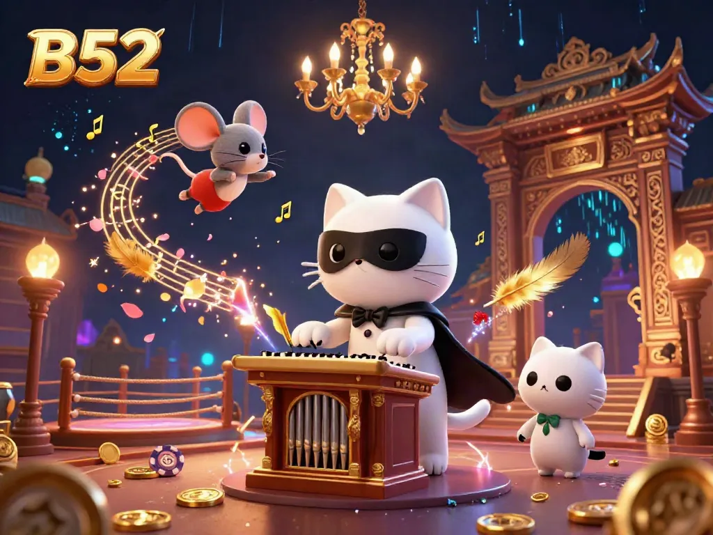 Experience thrilling action at B52 casino with a whimsical 3D illustration of a cat organist and acrobat among dynamic game elements.