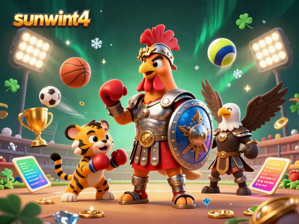Experience thrilling gaming with sunwint4 as rooster gladiator and tiger cub compete in an epic arena.
