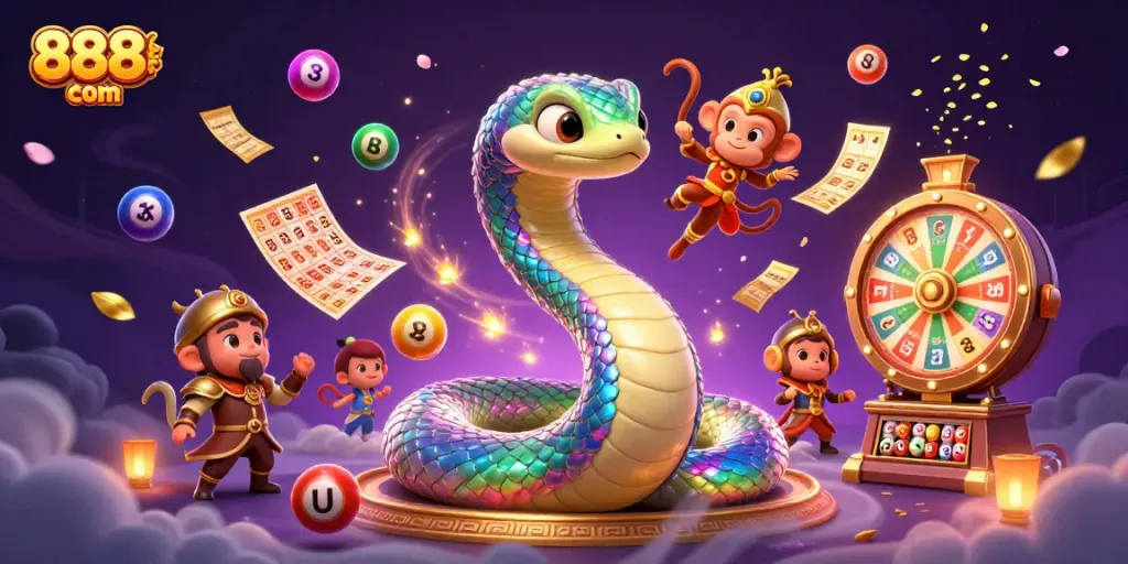 Engage with the excitement of 888slot com featuring colorful lottery elements and dynamic casino characters.