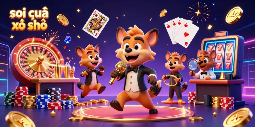 Experience the excitement of soi cầu xổ số with a lively comedy casino scene featuring hyenas, golden coins, and a roulette wheel.
