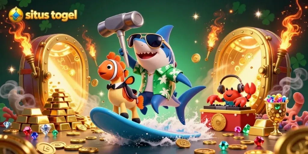 Engaging dynamic scene with a shark and clownfish in a lottery-inspired setting, showcasing situs togel.