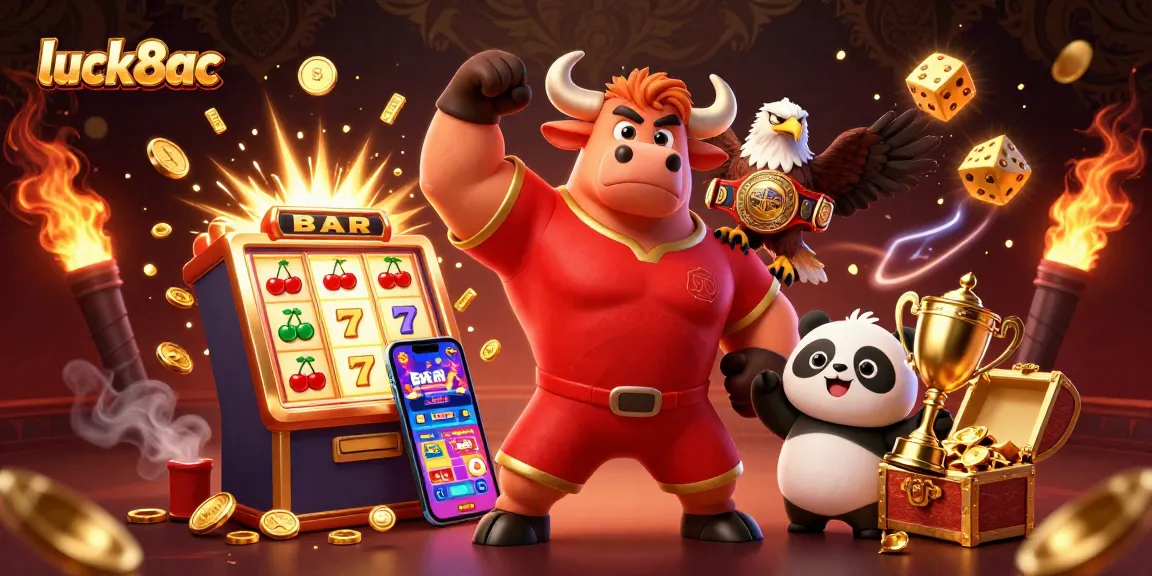 Luck8ac showcases excitement with a victorious bull mascot, eagle, and panda in a dynamic casino scene.