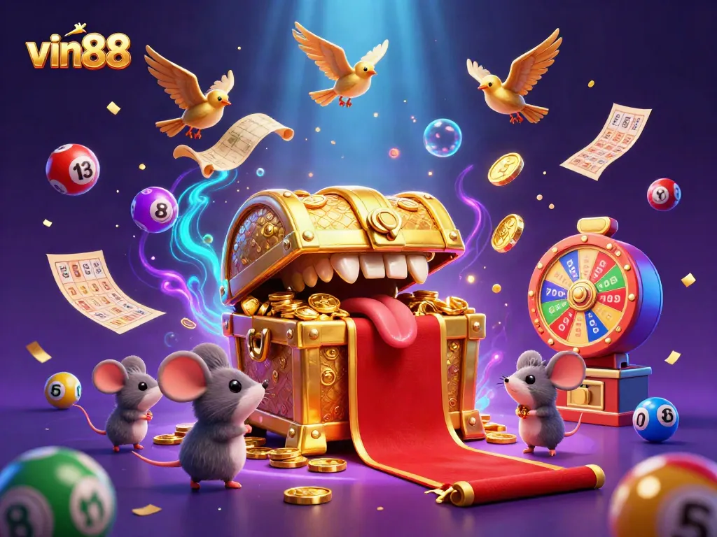 Experience the excitement of vin88 with dynamic lottery elements, sparkling effects, and rich casino visuals.