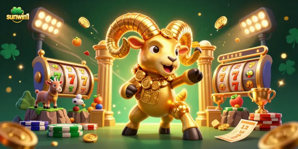 Experience thrilling gameplay with sunwin1's golden ram and dynamic slot elements in a vibrant casino scene.