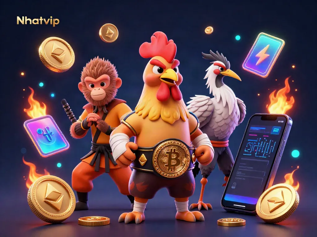Nhatvip showcases a dynamic casino scene with a skilled rooster, Shaolin monkey, and crane master amidst cryptocurrency elements and neon visuals.
