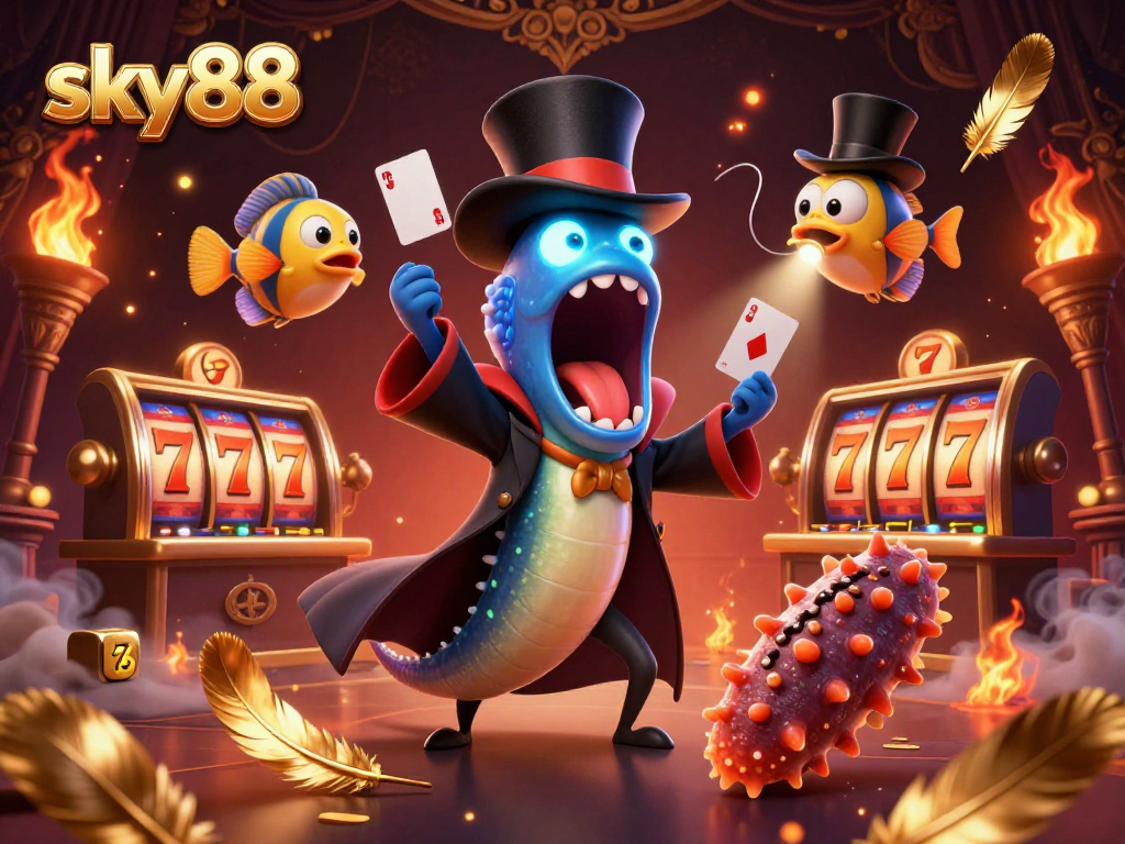 Engaging scene of sky88's animated characters showcasing card tricks in a magical casino setting