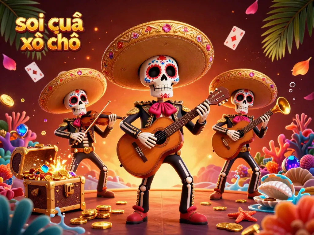 Experience a vibrant 3D mariachi performance celebrating soi cầu xổ số with casino elements, gold coins, and colorful gems.