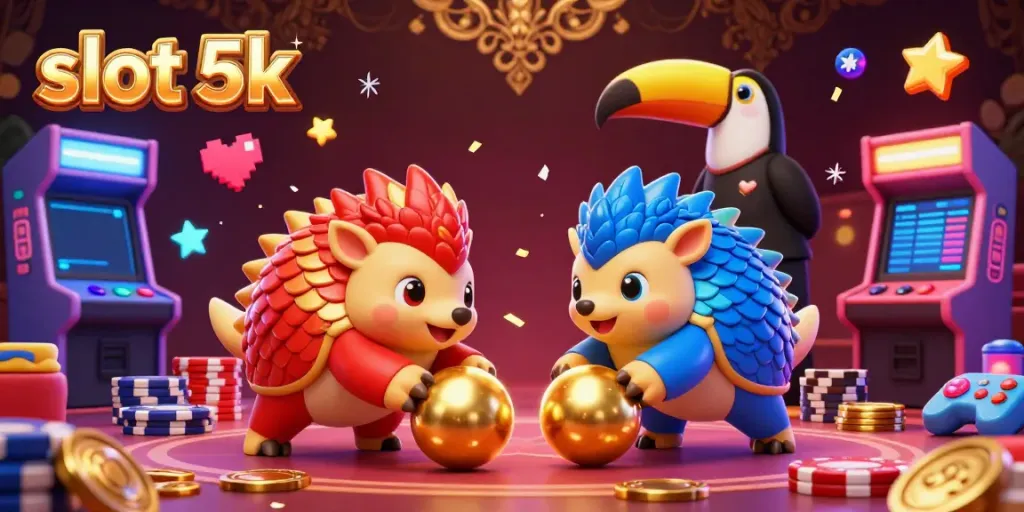 Experience thrilling action with slot 5k as rival pangolins roll into golden balls amidst poker chips and gaming elements.