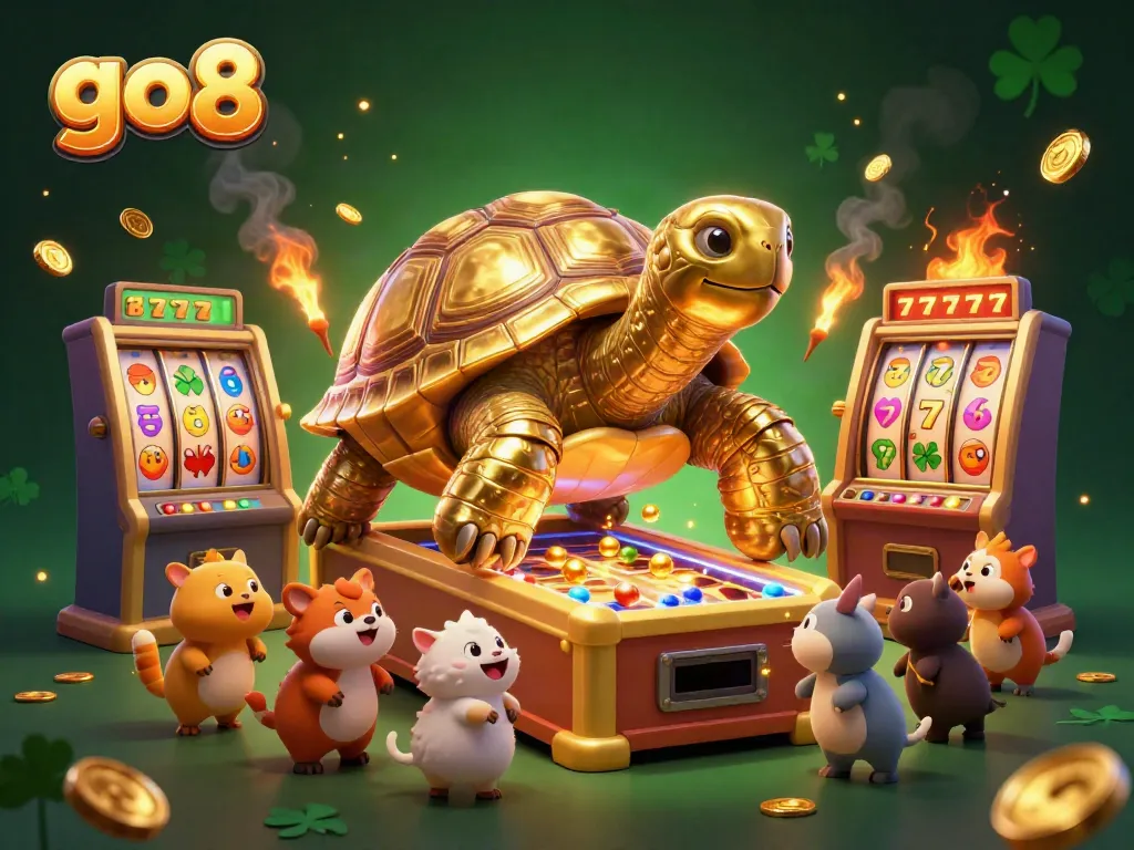 Engage with go8's exciting gaming scene featuring a golden tortoise pinball machine and vibrant slot elements.