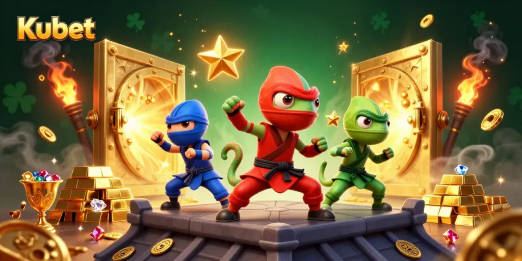 Kubet ninja chameleons mastering martial arts as they clash with golden treasures in a thrilling digital casino scene.