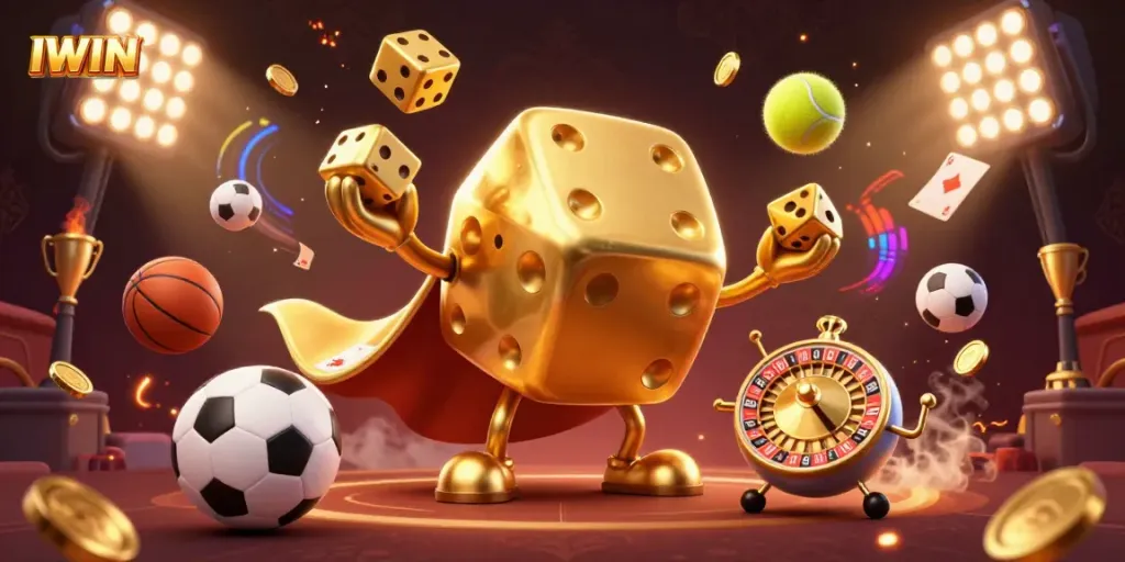 IWIN features a golden dice golem and roulette head in an energetic casino scene