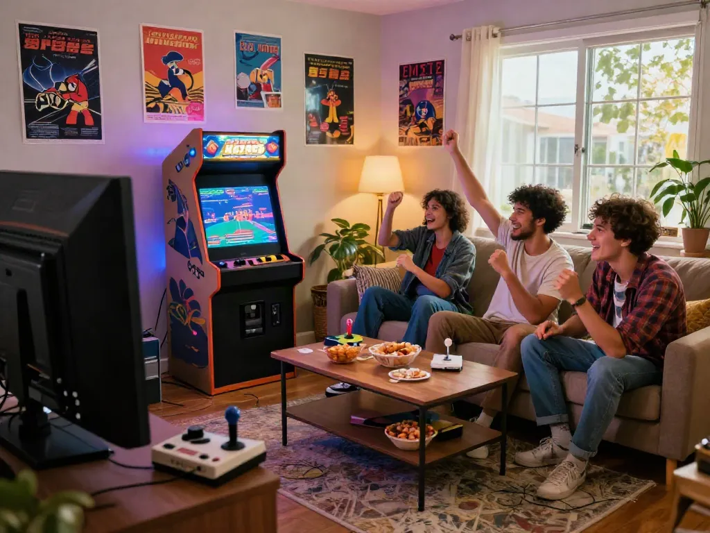 Friends enjoying classic arcade games in a cozy setting showcasing the essence of pecah404 nostalgia and camaraderie.