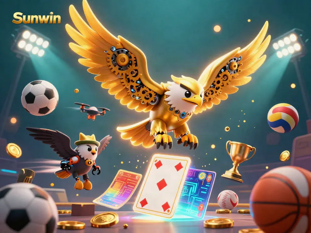 Experience thrilling gaming action with Sunwin's vibrant 3D illustration showcasing a golden eagle amidst holographic cards and sports elements.
