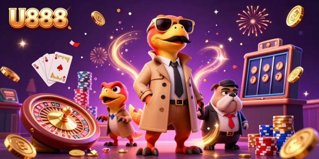U888 raptors in trench coat trying to enter VIP casino, surrounded by shimmering casino elements.