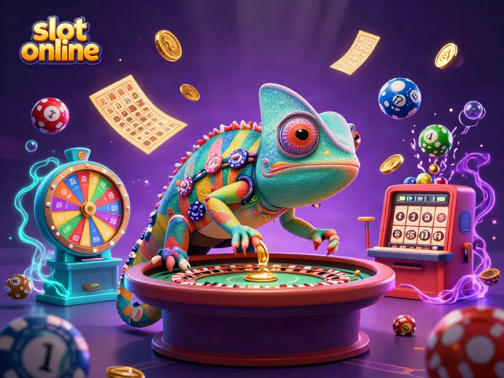 Engage with vibrant slot online gaming action featuring a colorful chameleon casino owner.