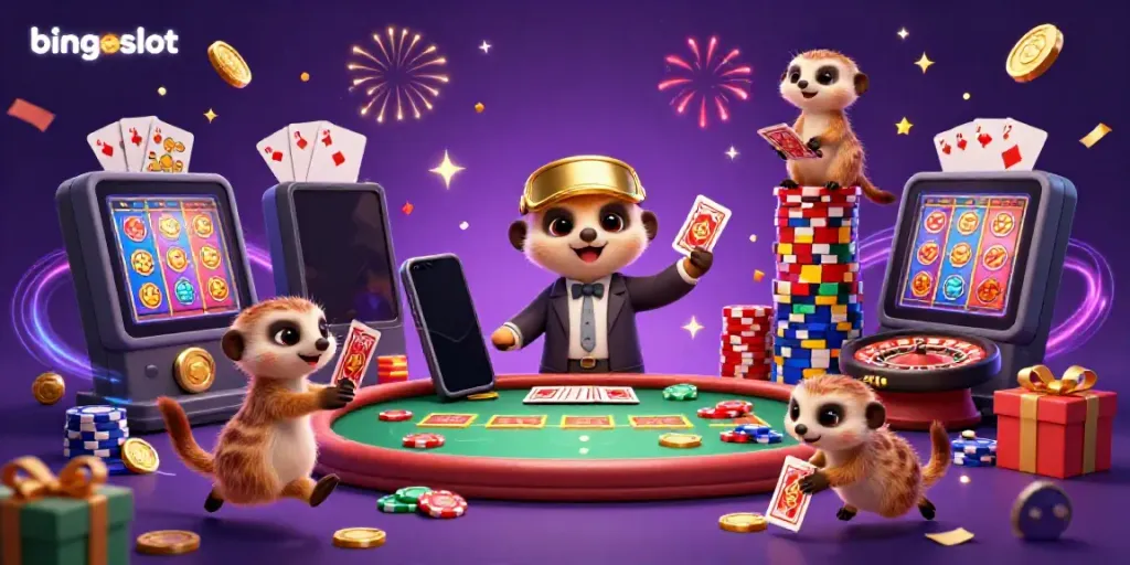 Memeerkats menjalankan operasi kasino yang menghibur dengan bingoslot, sambil menyaksikan permainan dan confetti yang meriah.