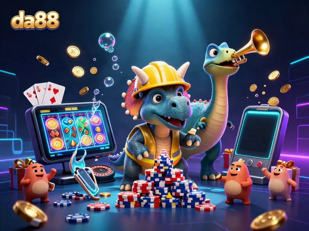 da88 celebrates with a triceratops building poker chips and coins erupting from a smartphone.