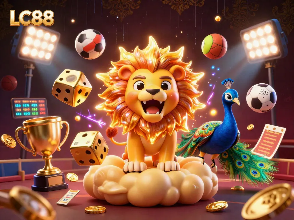 LC88 online casino offers vibrant sports action with the roaring sun lion, golden dice, and dynamic betting elements.