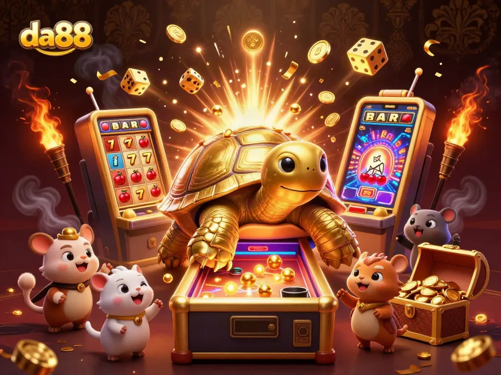 Experience the excitement of da88 with a grand golden tortoise pinball machine, bursting slot coins and trophies.