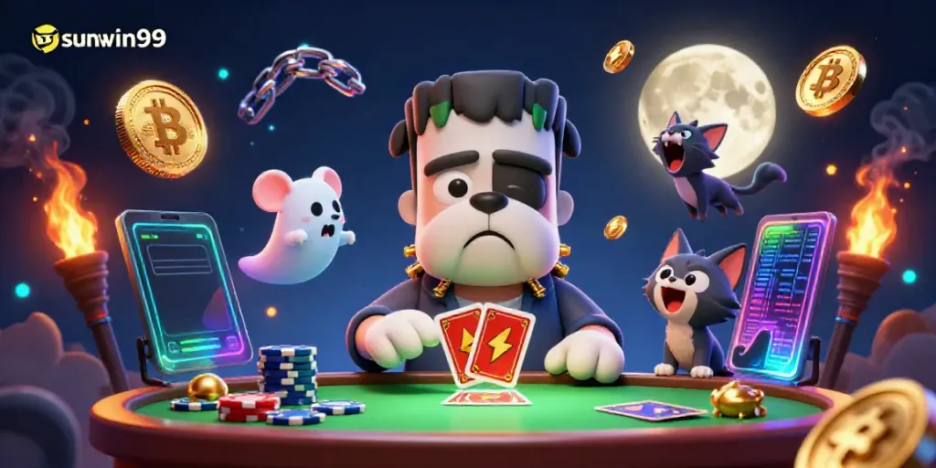 Experience thrilling card games with sunwin99 alongside vibrant characters in a spooky casino.