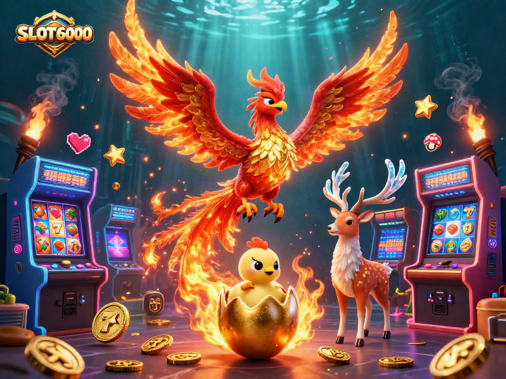 SLOT6000 showcases a thrilling casino scene with a fire phoenix, baby phoenix, and stag surrounded by slot reels.