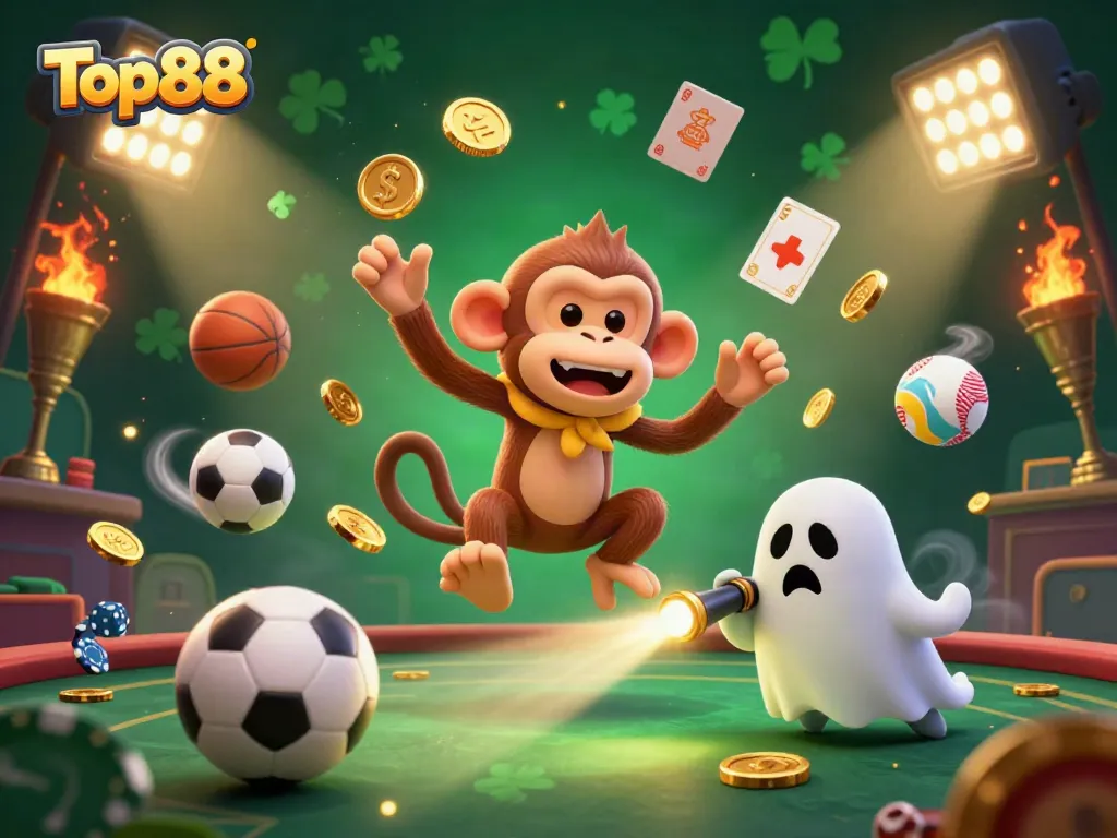 Top88 showcases a mischievous monkey juggling golden casino elements, captivating gamblers.
