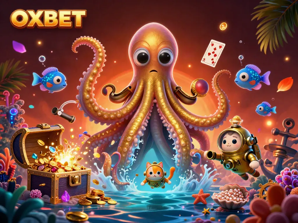 Engage with the thrilling OXBET experience through a vibrant, dynamic underwater casino themed illustration featuring a kraken and treasure.