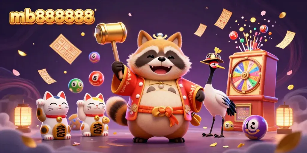 Engage with the vibrant world of mb888888 featuring a cheerful tanuki and colorful lottery balls in a dynamic casino setting.