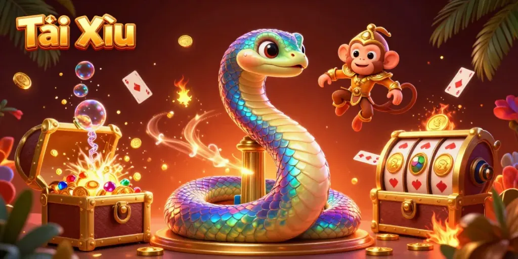 Experience the excitement of Tài Xỉu with a vibrant 3D scene of a rainbow serpent and monkey king in a casino.