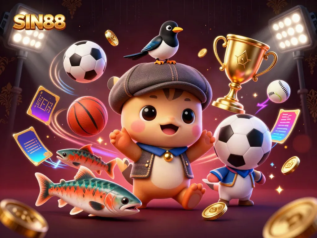 SIN88 sports betting scene with cartoon Nessie and playful companions celebrating wins with dynamic elements.