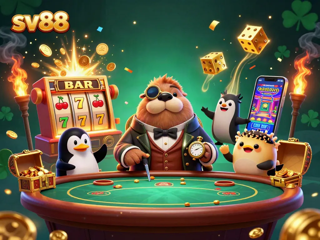 Experience sv88's thrilling underwater poker scene with a jolly walrus, penguin dealer, and bluffing pufferfish in action.