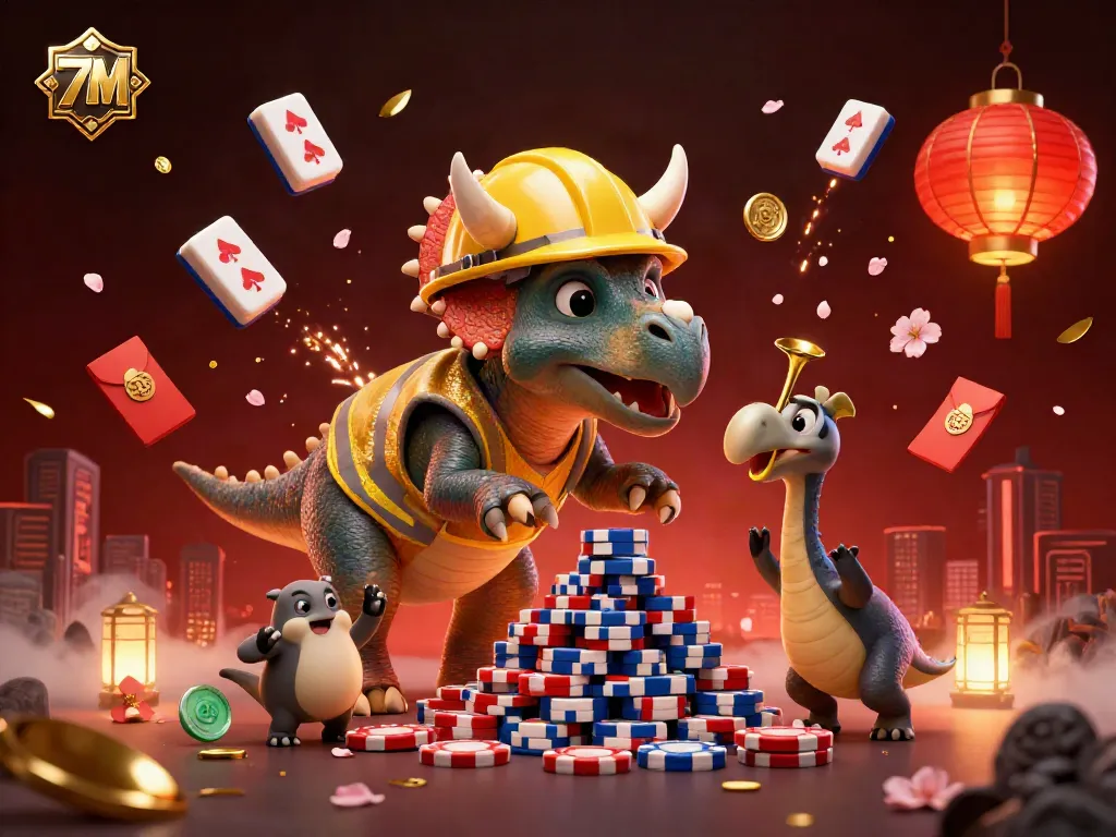 Celebrate with the 7M platform as the cartoon triceratops stacks poker chips amidst joyful gaming elements.