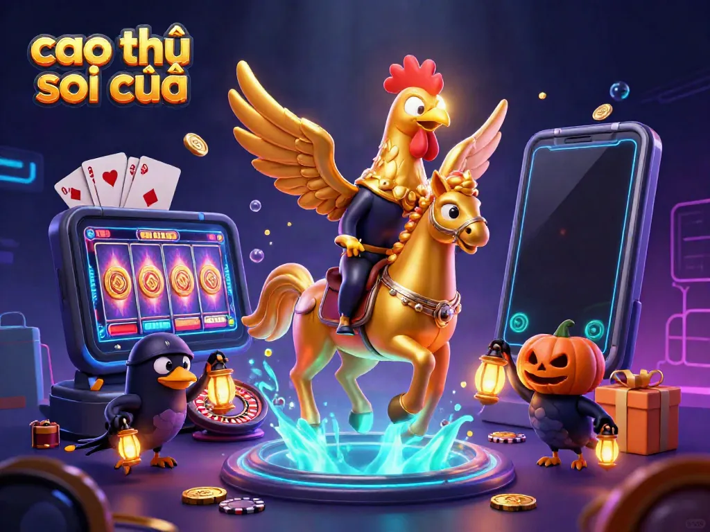 Cao thủ soi cầu illustration showcasing a golden rooster headless horseman in a casino scene filled with slot games and vibrant details.