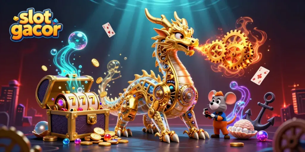 Experience the excitement of slot gacor with a dragon, coins, and colorful gaming elements.