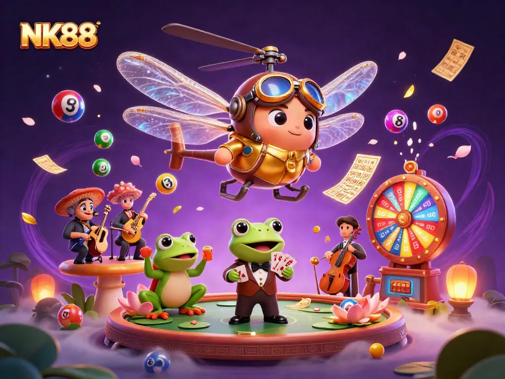 Engage with NK88's vibrant casino experience featuring a lively scene with characters and game elements.