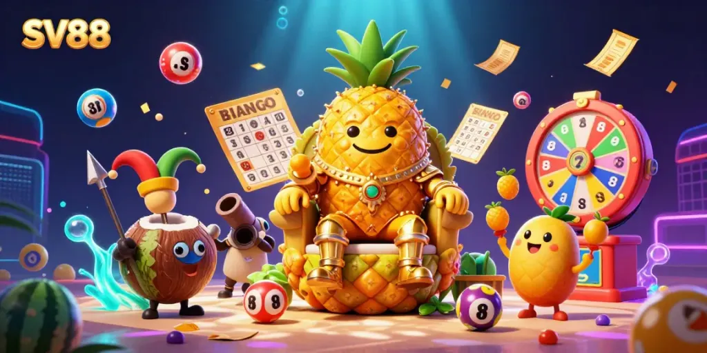 Experience gambling fun at SV88 with a lively scene of a golden pineapple king and vibrant game elements.