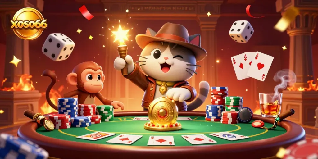 Engage in thrilling action at xoso66 with the explorer cat and monkey uncovering casino treasures.