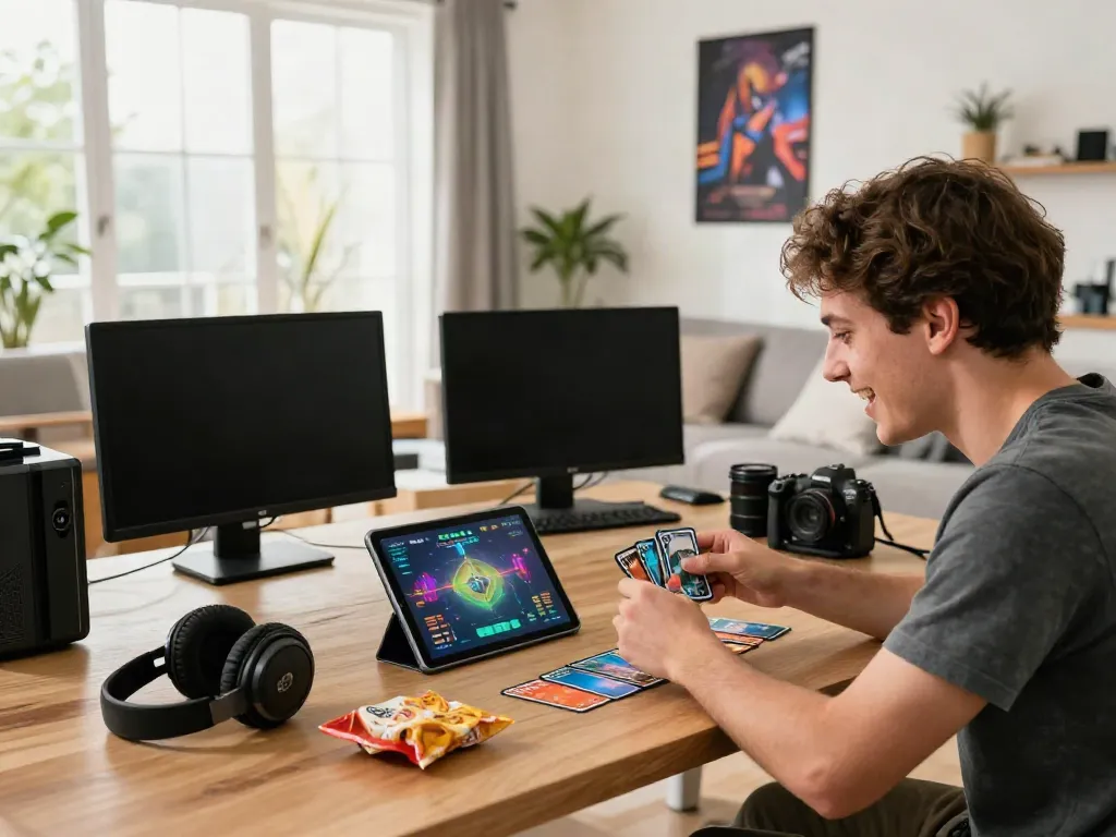 Engaged gamer using sunwin app on a tablet in a bright living room.