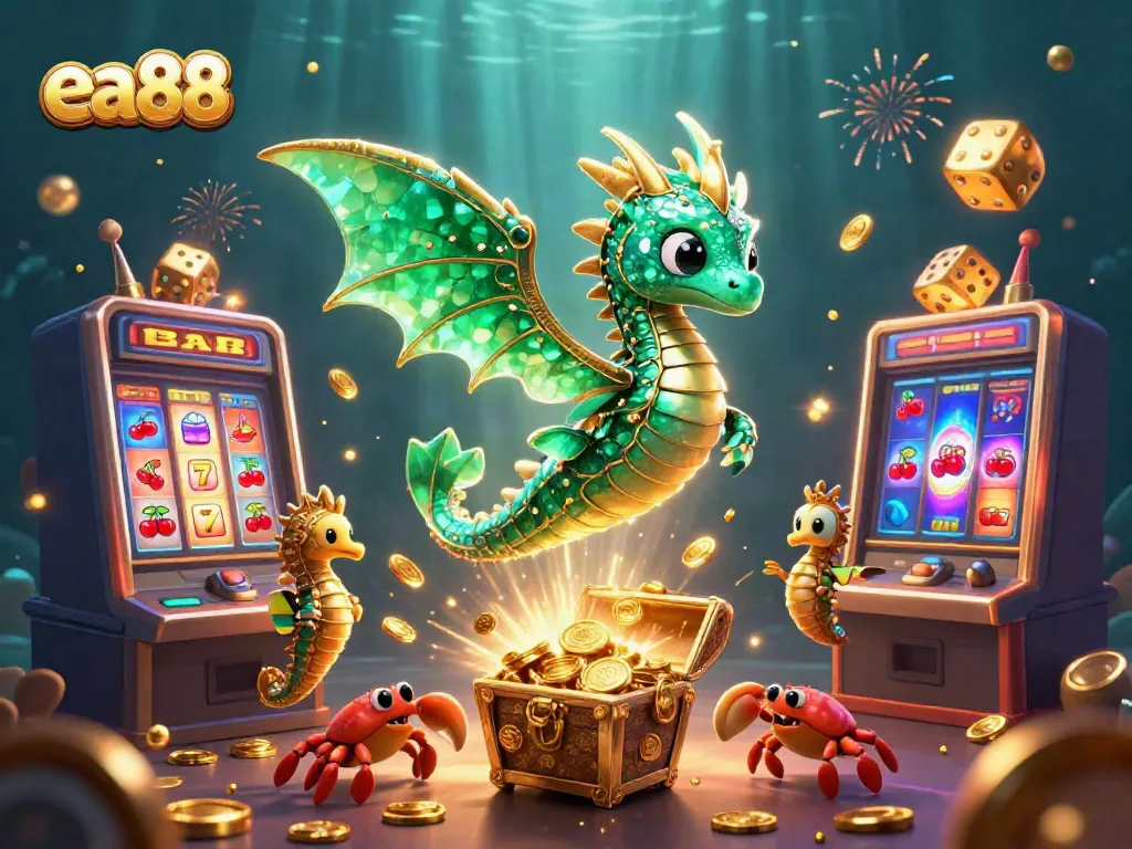 Experience the thrill of ea88 gaming with vibrant 3D illustrations of slot machines and treasure-rich sea creatures.