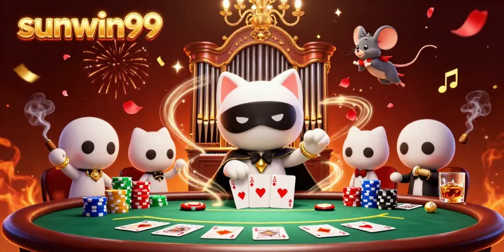 Experience excitement with sunwin99 in this lively casino scene featuring a masked cat, chips, and cards.