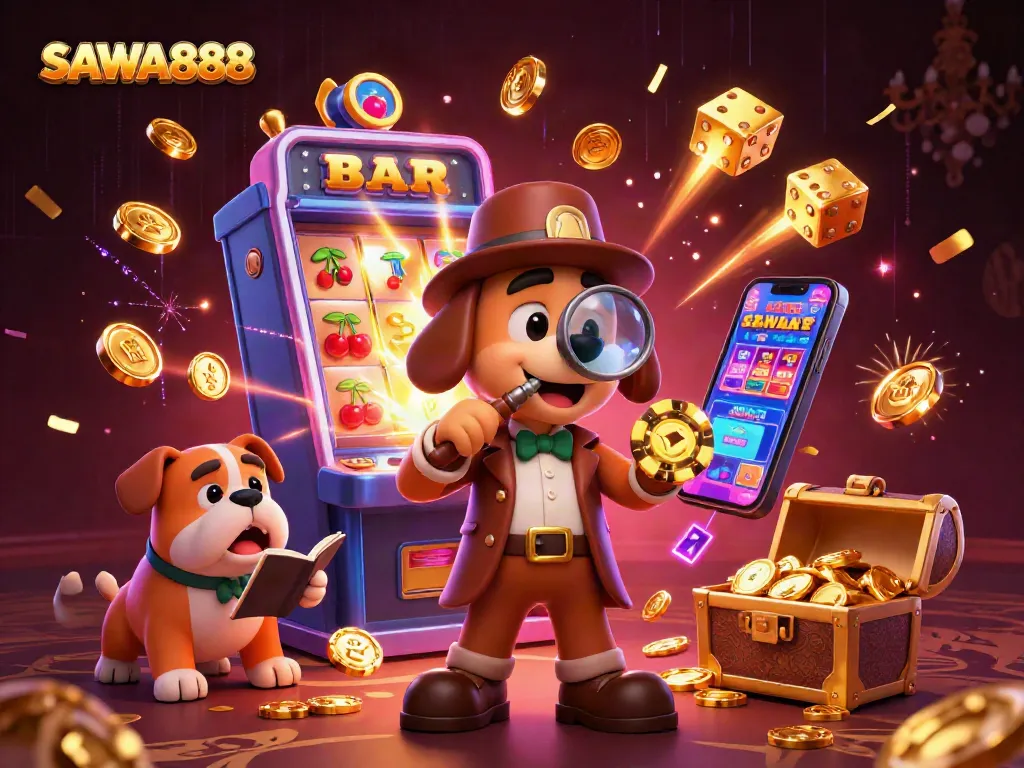 Solve the SAWA888 mystery in a vibrant casino scene with clues, characters, and jackpot excitement.